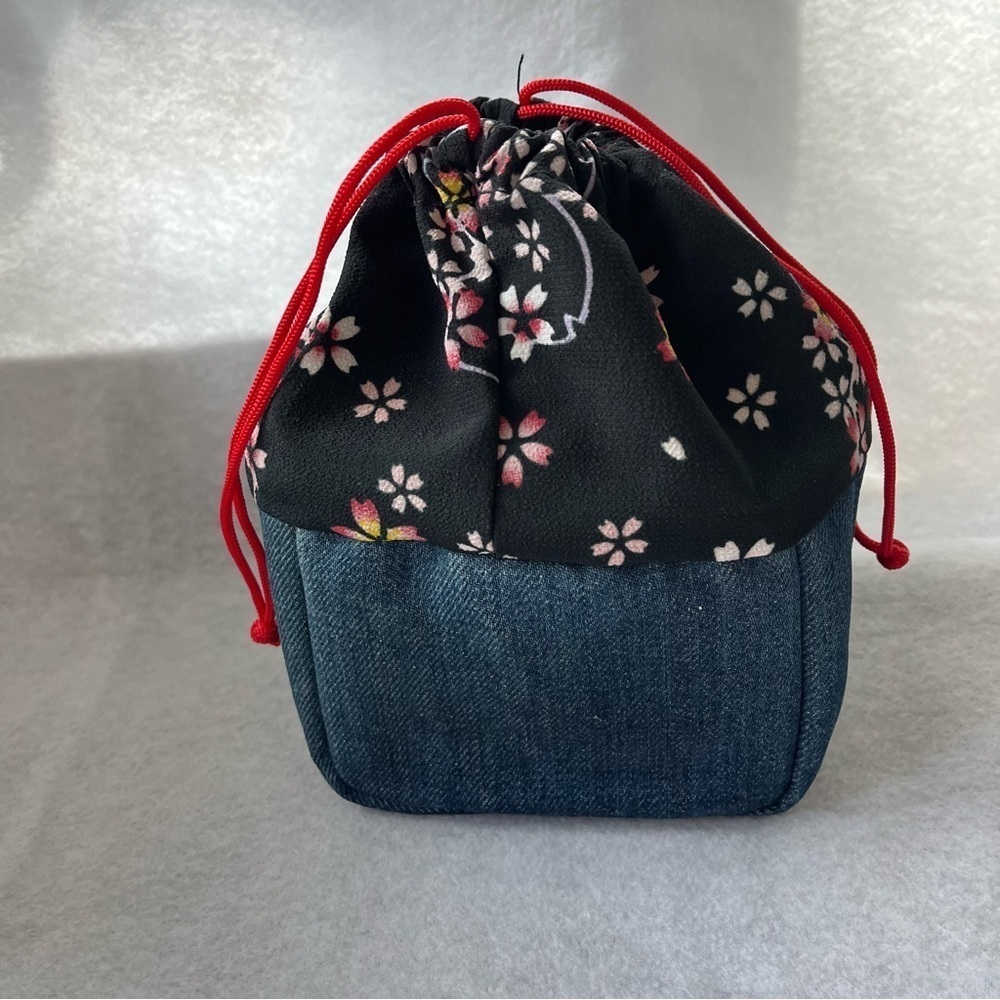 CHERRY BLOSSOM Drawstring Cosmetic Bag Denim Blue Pink Sakura - Picture 3 of 10